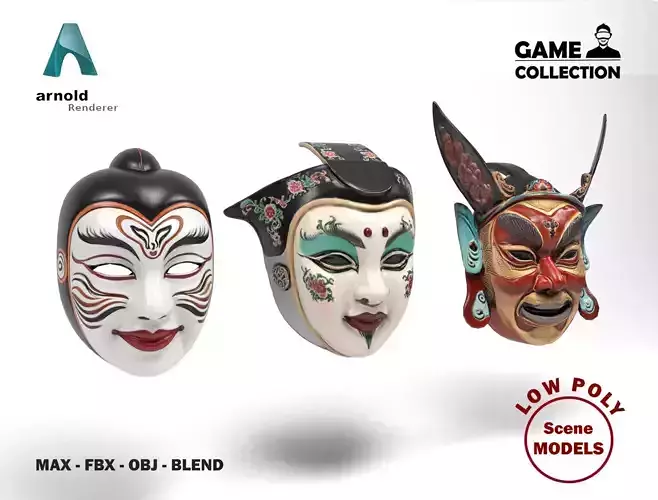 Chinese masks Low-poly 3D model