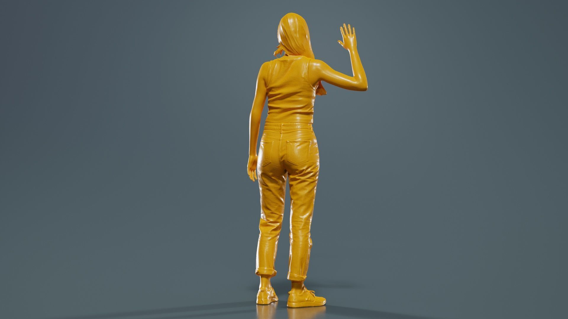 Woman in Baggy Jeans Red Top Waving Low-poly 3D model_13