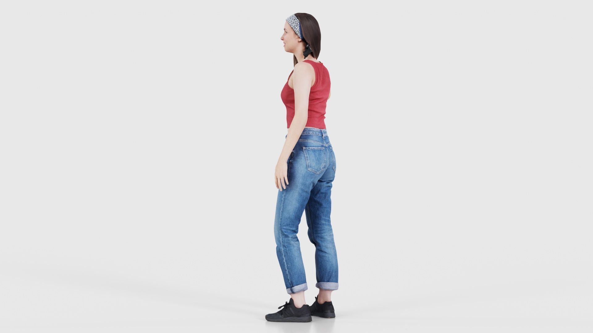Woman in Baggy Jeans Red Top Waving Low-poly 3D model_24