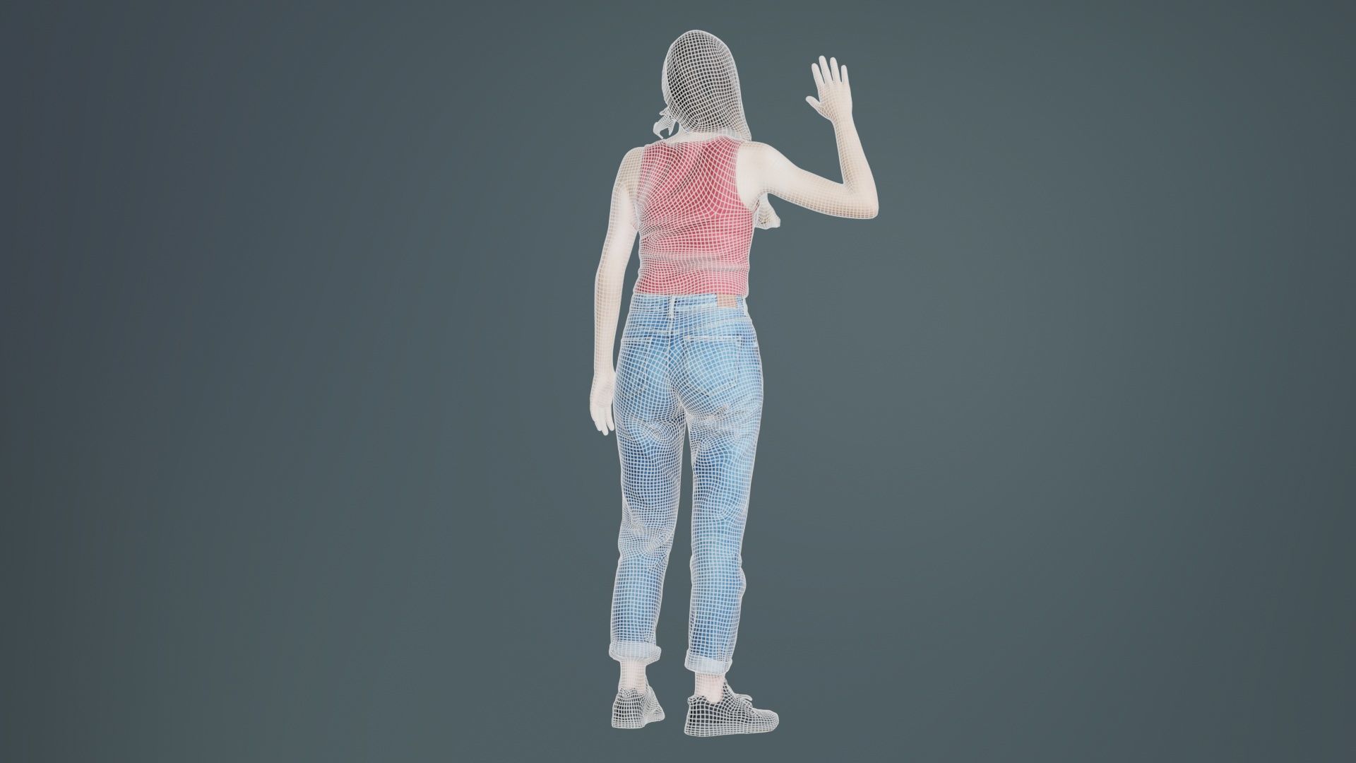 Woman in Baggy Jeans Red Top Waving Low-poly 3D model_10