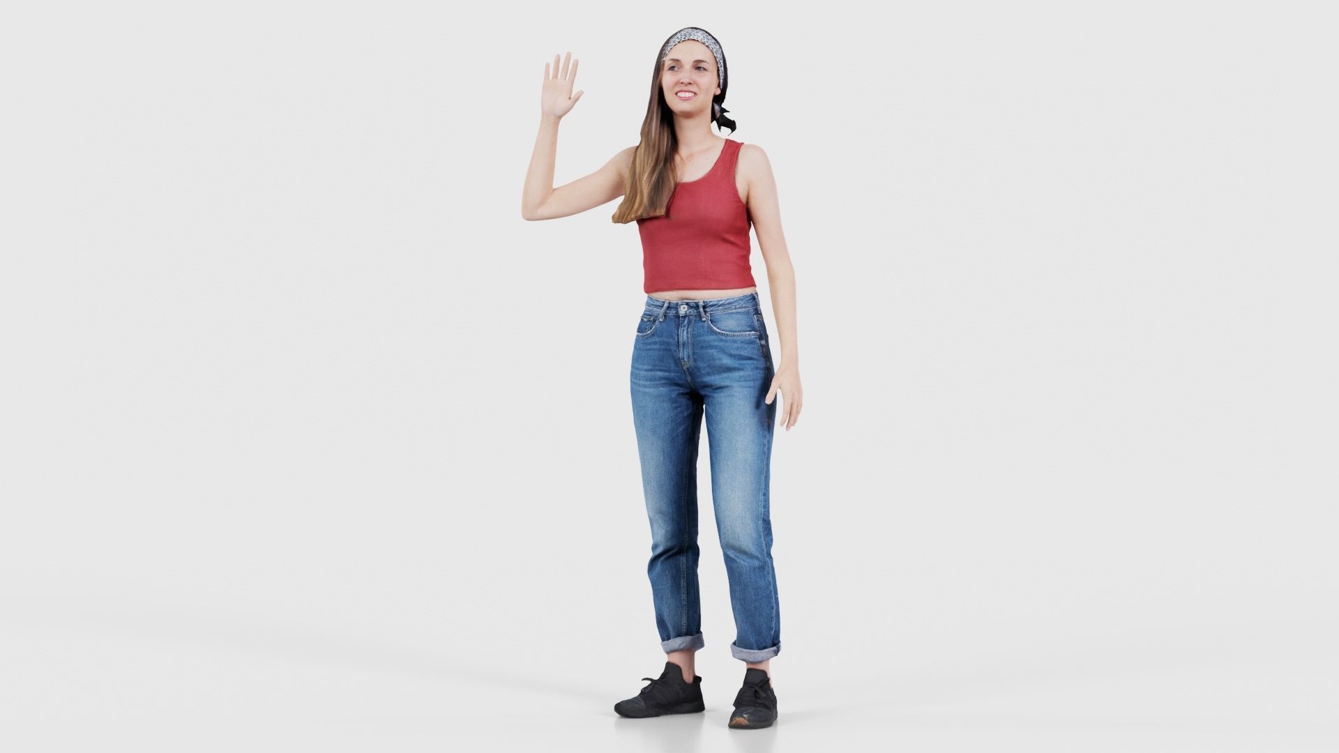 Woman in Baggy Jeans Red Top Waving Low-poly 3D model_15