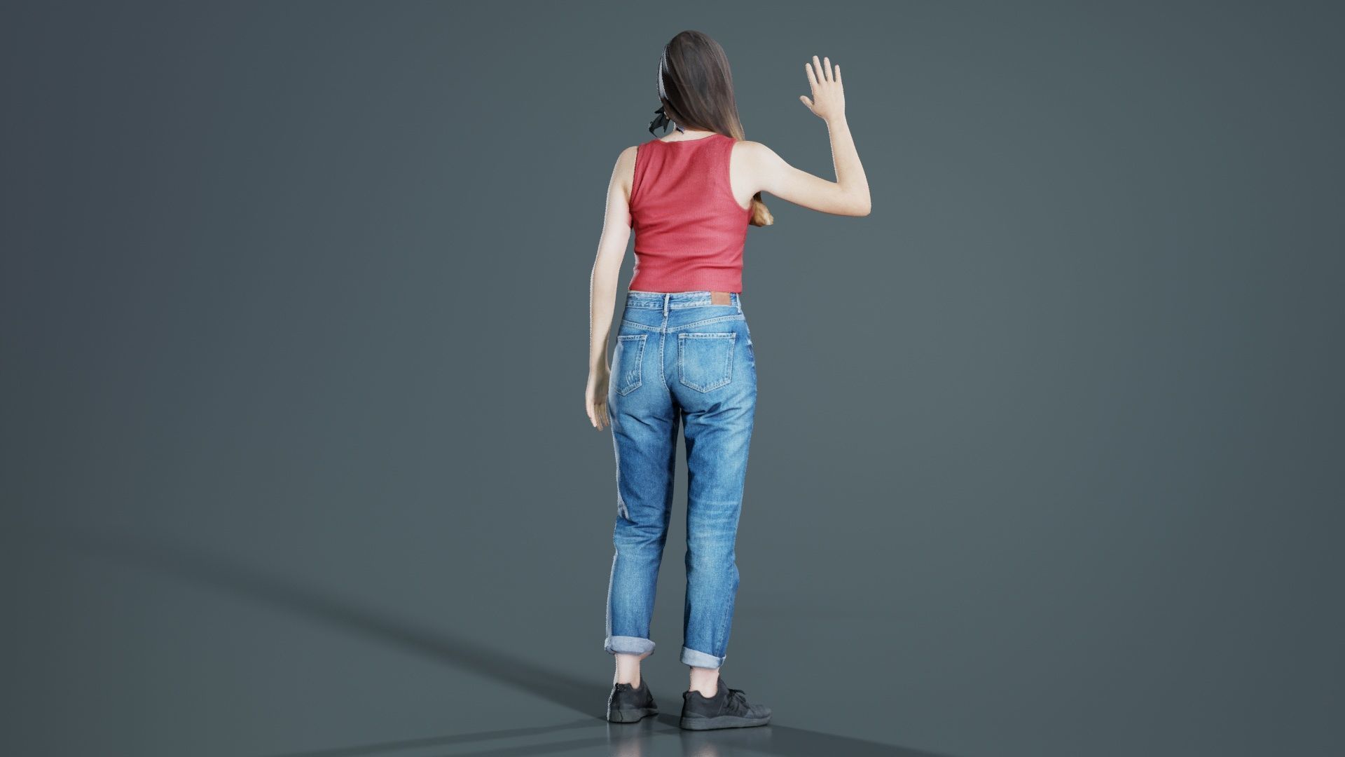 Woman in Baggy Jeans Red Top Waving Low-poly 3D model_7