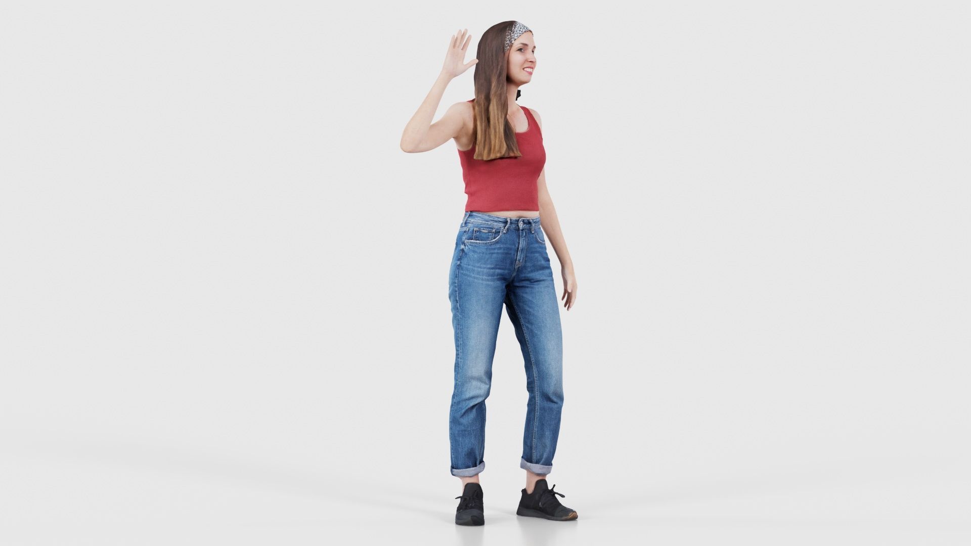 Woman in Baggy Jeans Red Top Waving Low-poly 3D model_17