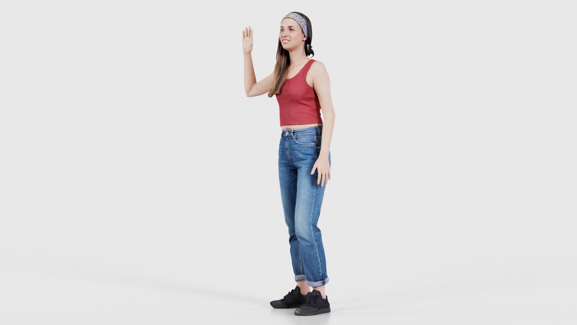 Woman in Baggy Jeans Red Top Waving Low-poly 3D model_26