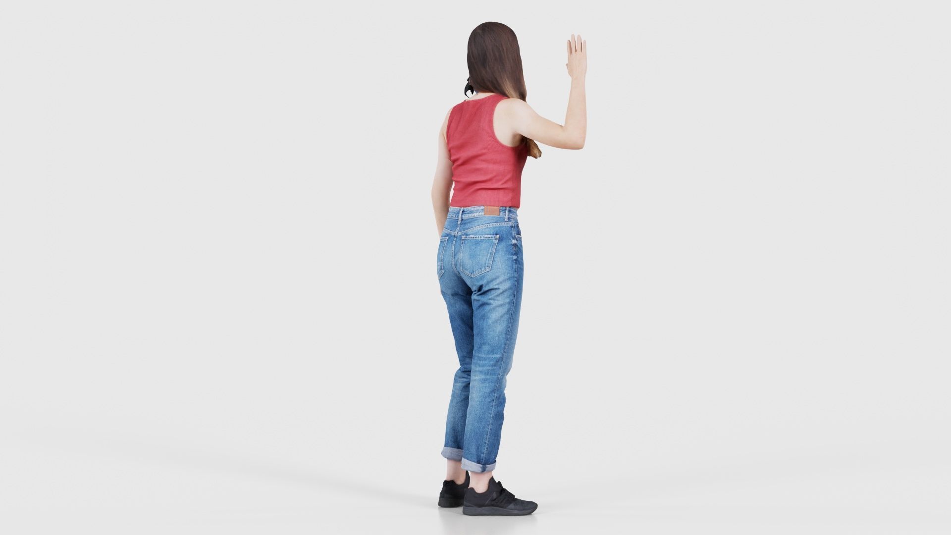 Woman in Baggy Jeans Red Top Waving Low-poly 3D model_20