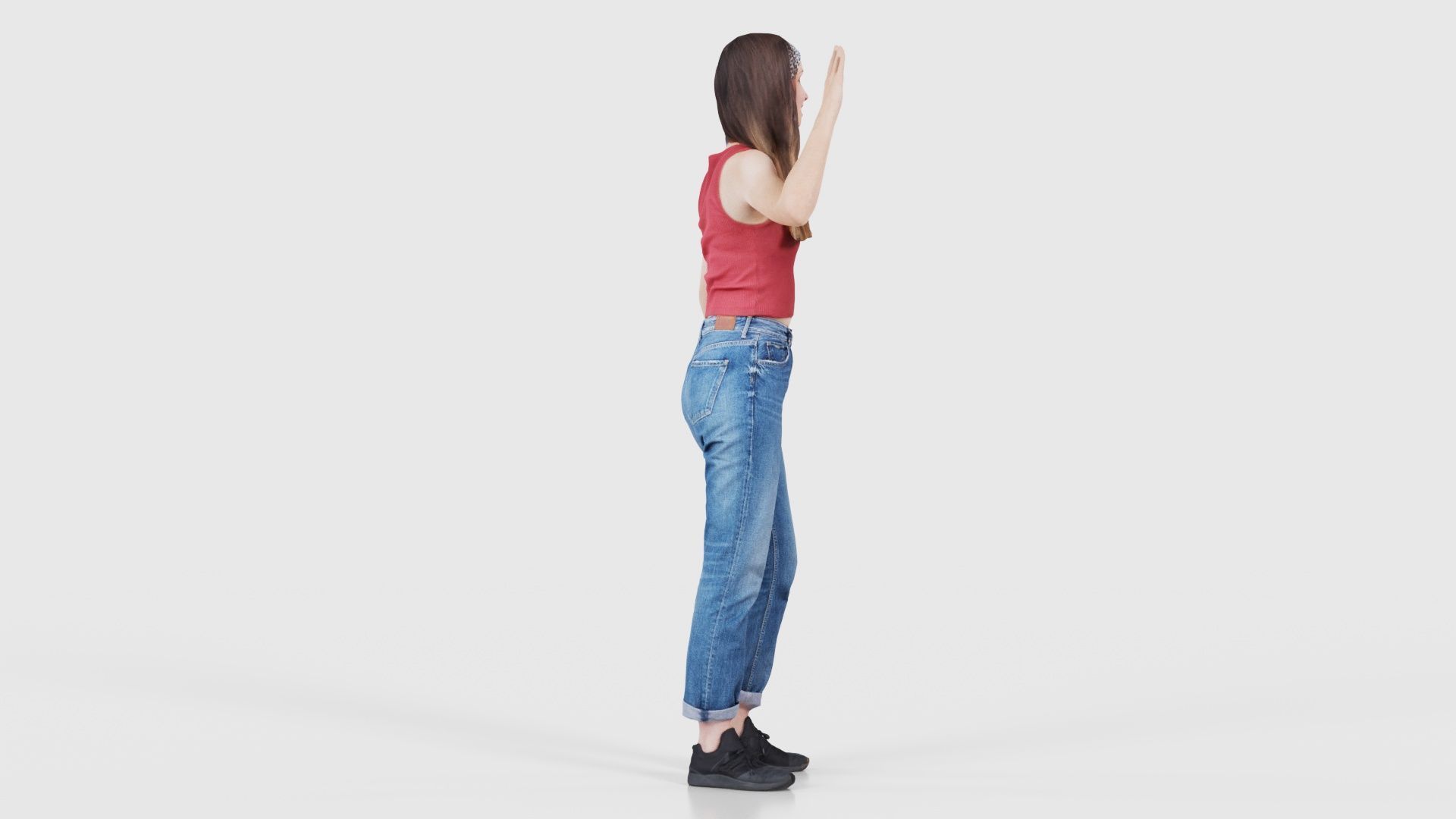 Woman in Baggy Jeans Red Top Waving Low-poly 3D model_19