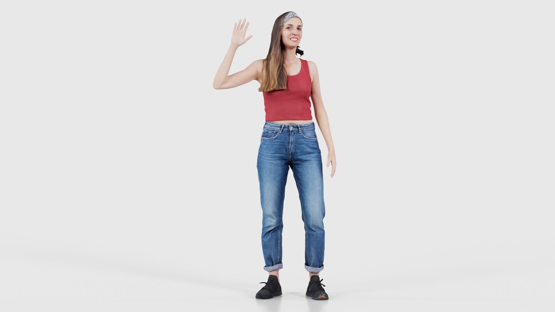 Woman in Baggy Jeans Red Top Waving Low-poly 3D model_16
