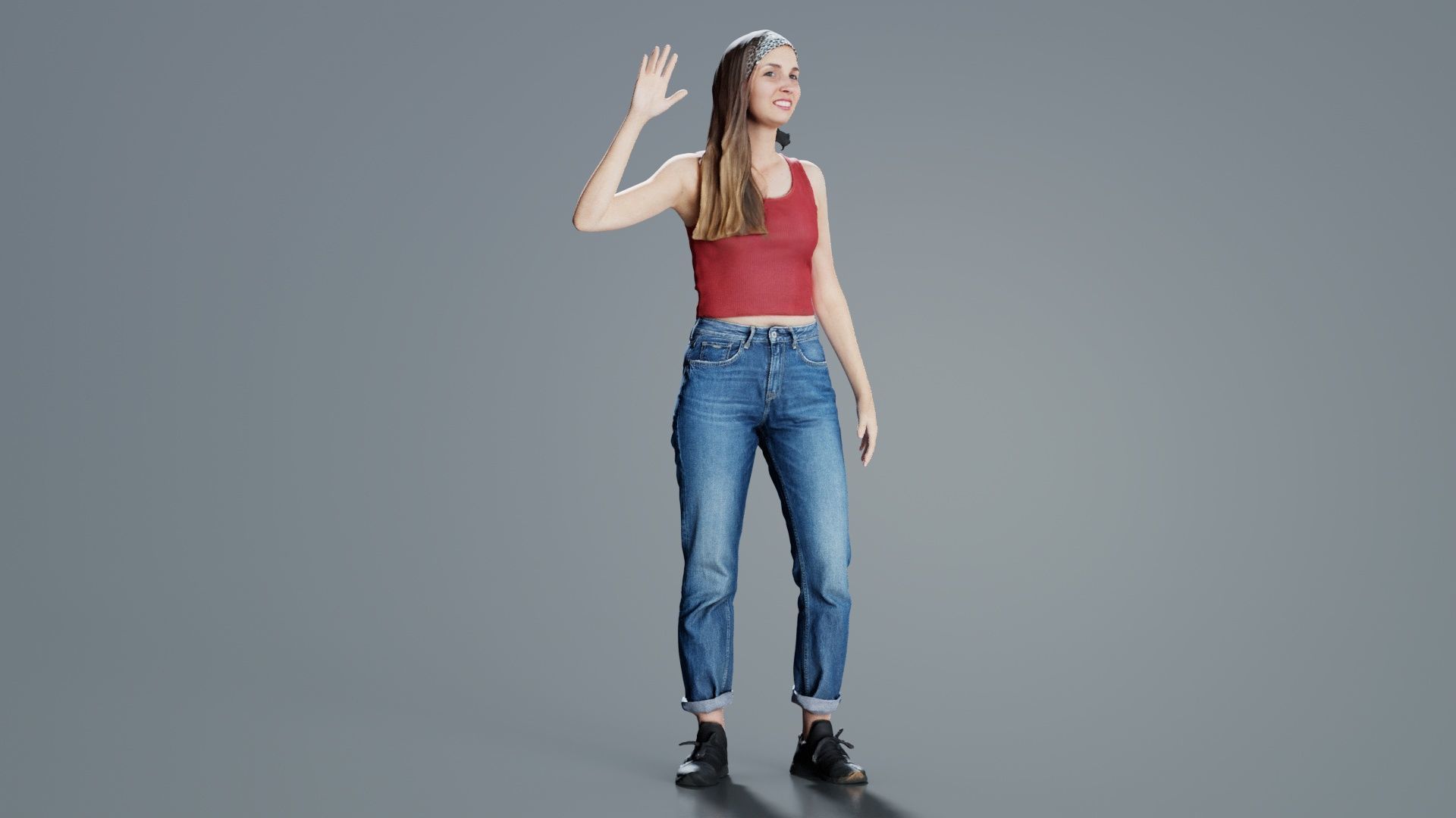 Woman in Baggy Jeans Red Top Waving Low-poly 3D model_6