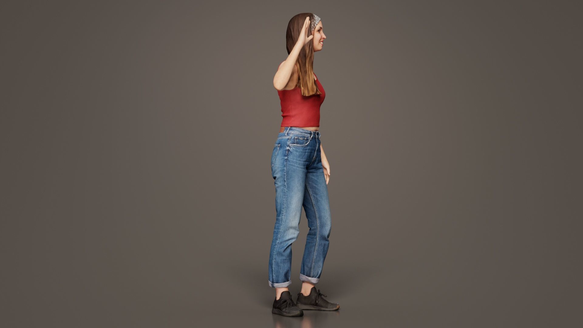 Woman in Baggy Jeans Red Top Waving Low-poly 3D model_8