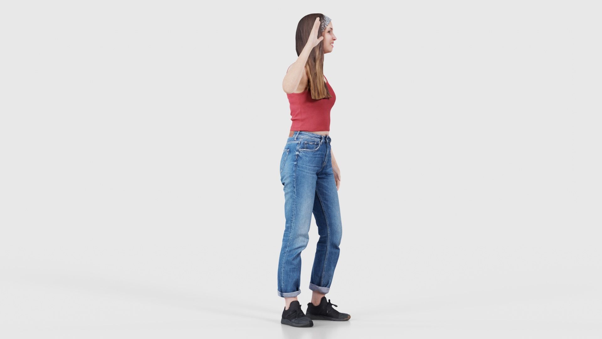Woman in Baggy Jeans Red Top Waving Low-poly 3D model_18