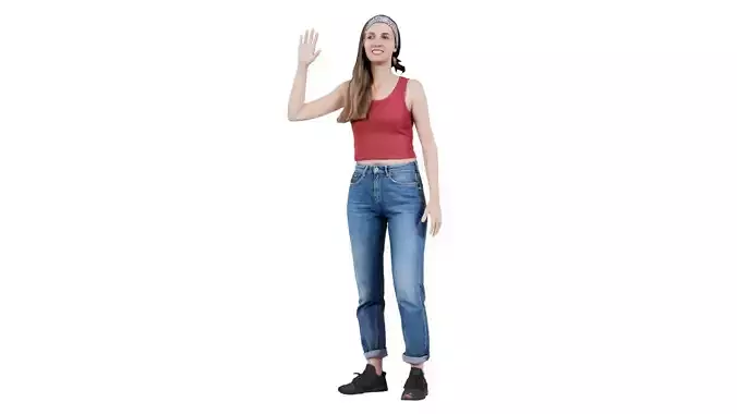 Woman in Baggy Jeans Red Top Waving Low-poly 3D model