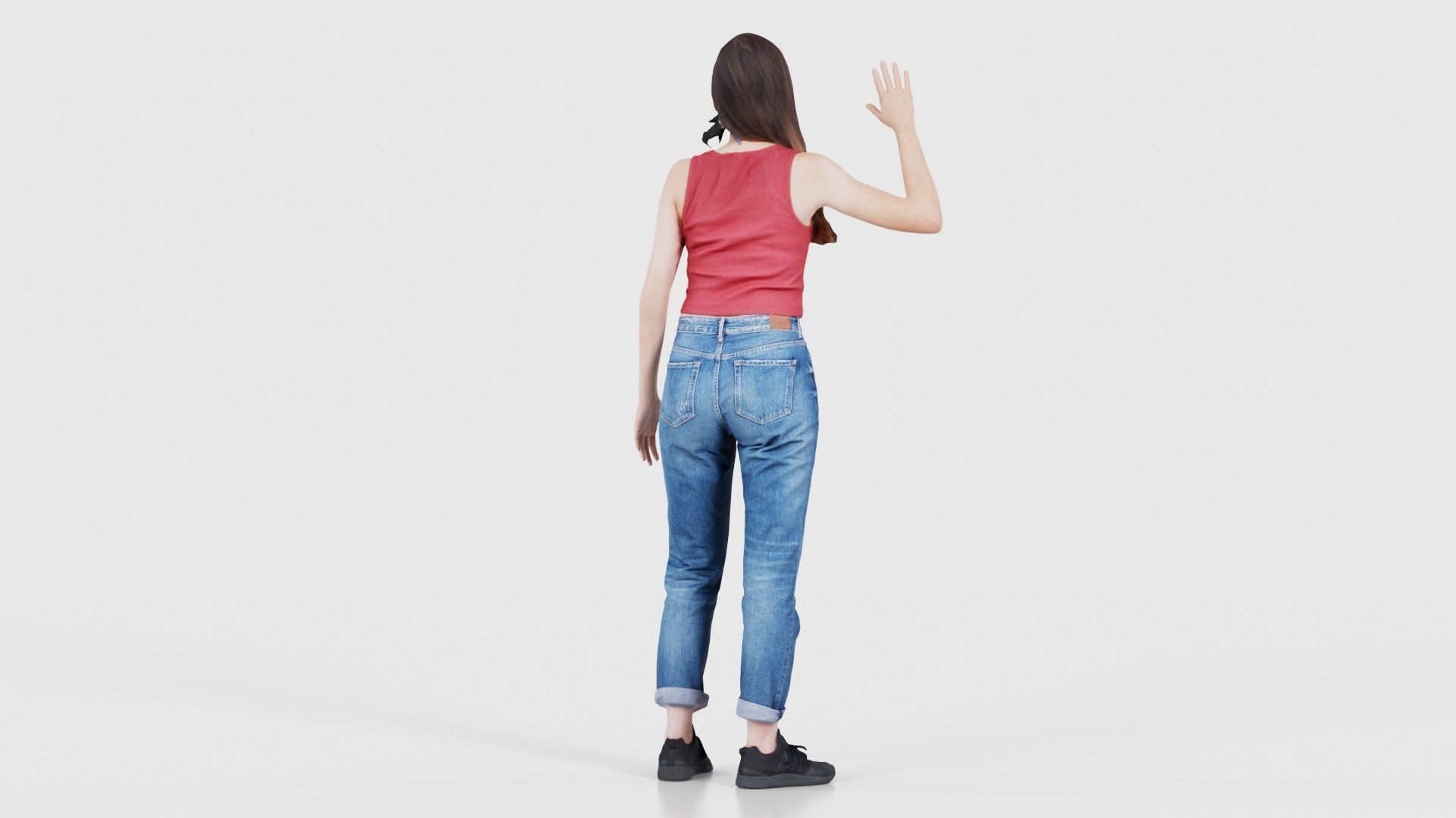 Woman in Baggy Jeans Red Top Waving Low-poly 3D model_21