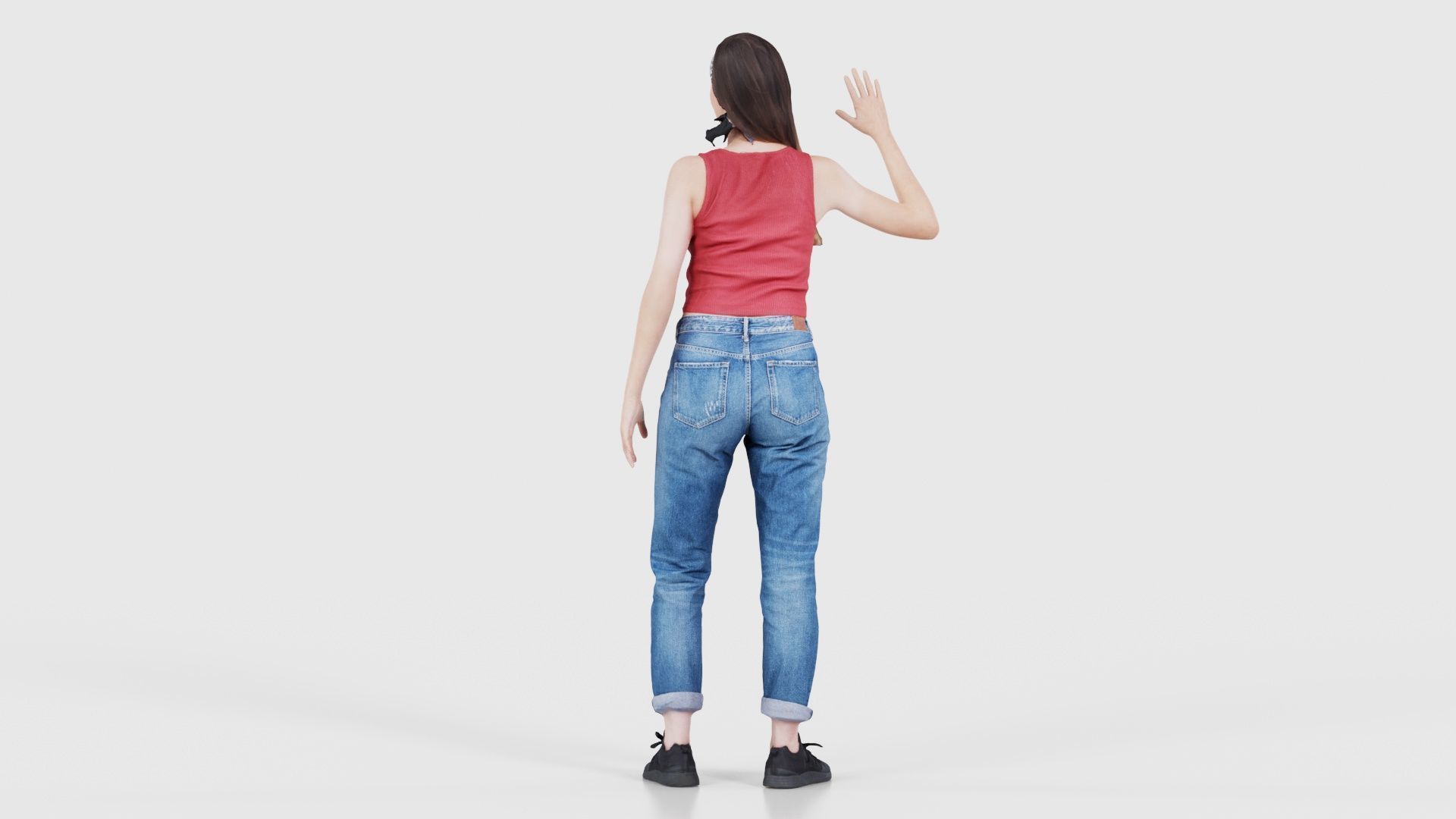 Woman in Baggy Jeans Red Top Waving Low-poly 3D model_22