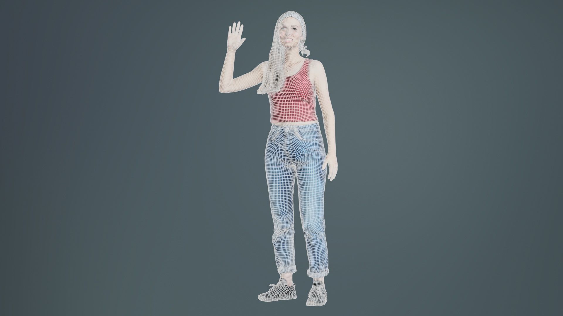 Woman in Baggy Jeans Red Top Waving Low-poly 3D model_9