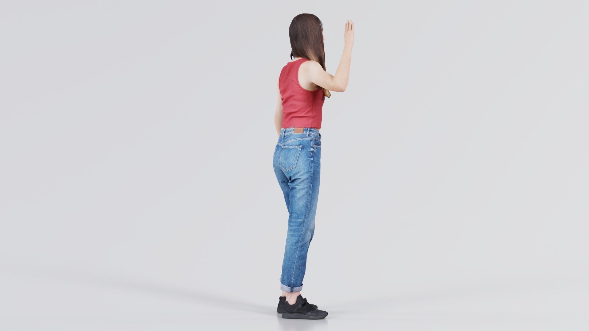 Woman in Baggy Jeans Red Top Waving Low-poly 3D model_1