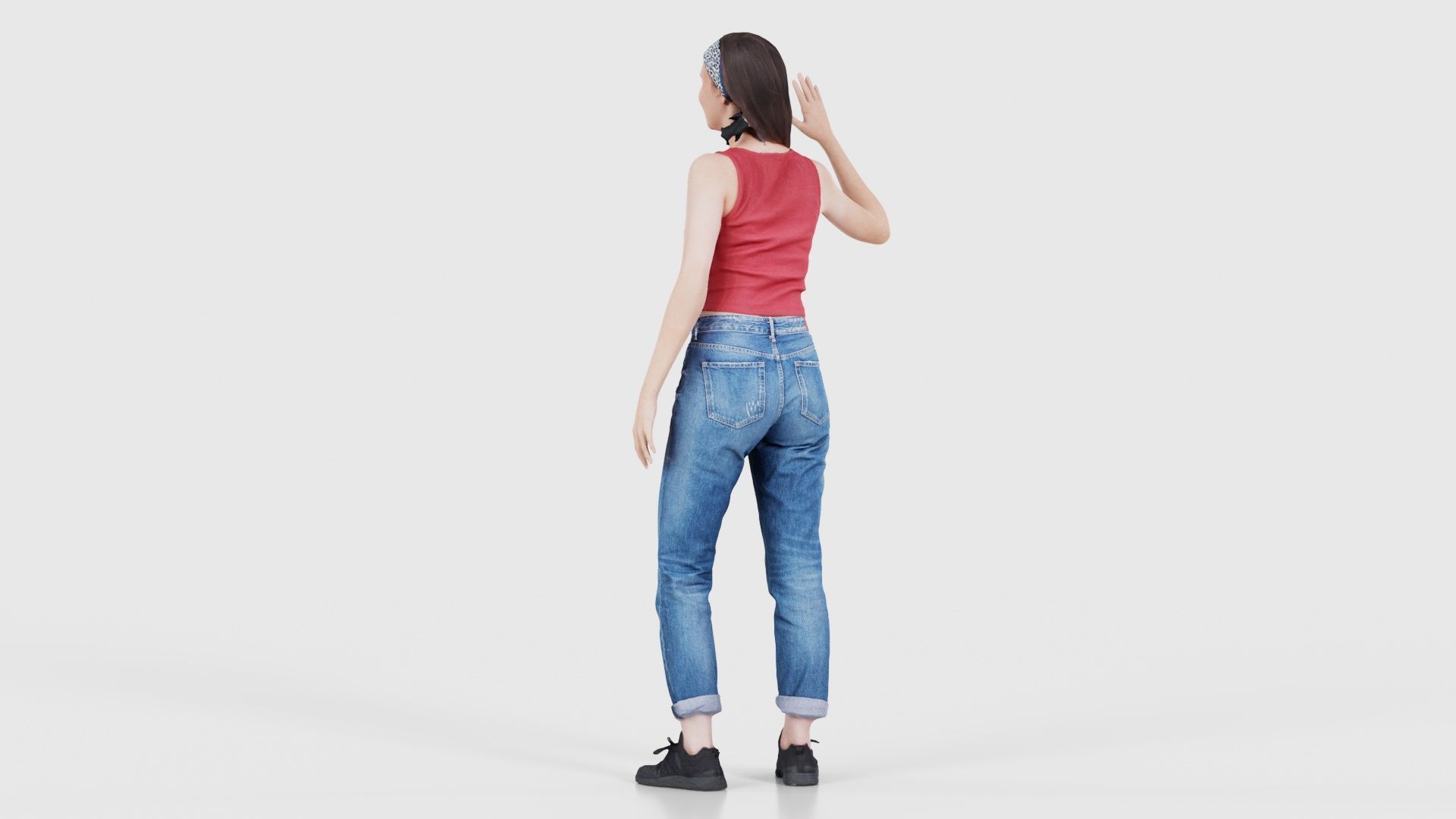 Woman in Baggy Jeans Red Top Waving Low-poly 3D model_23