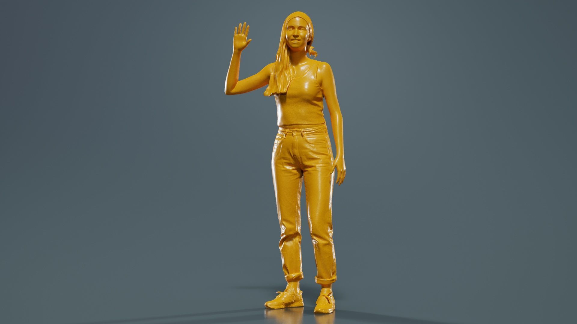 Woman in Baggy Jeans Red Top Waving Low-poly 3D model_12