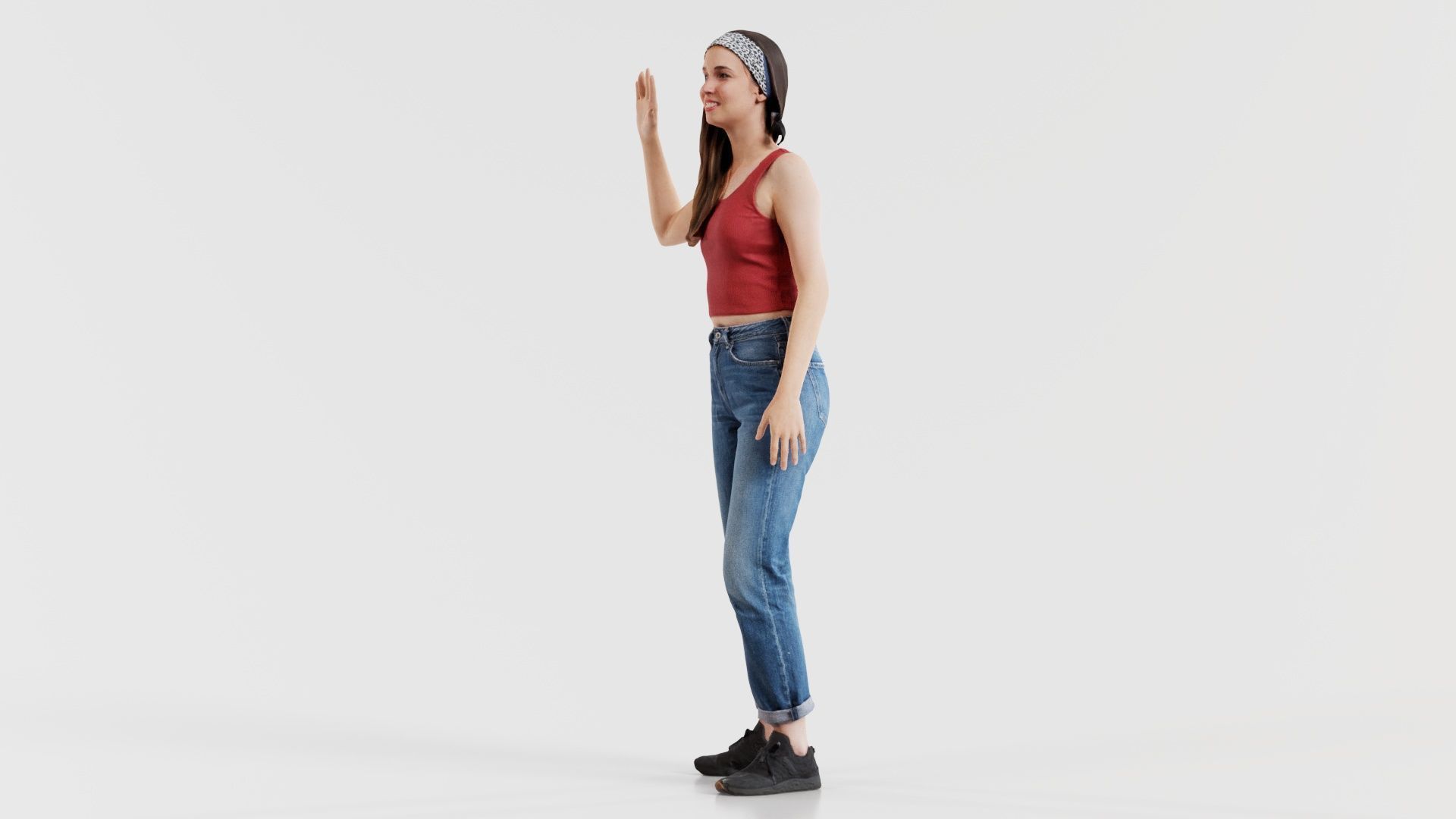 Woman in Baggy Jeans Red Top Waving Low-poly 3D model_3