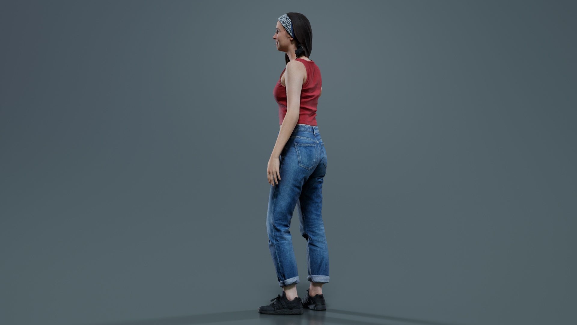 Woman in Baggy Jeans Red Top Waving Low-poly 3D model_5