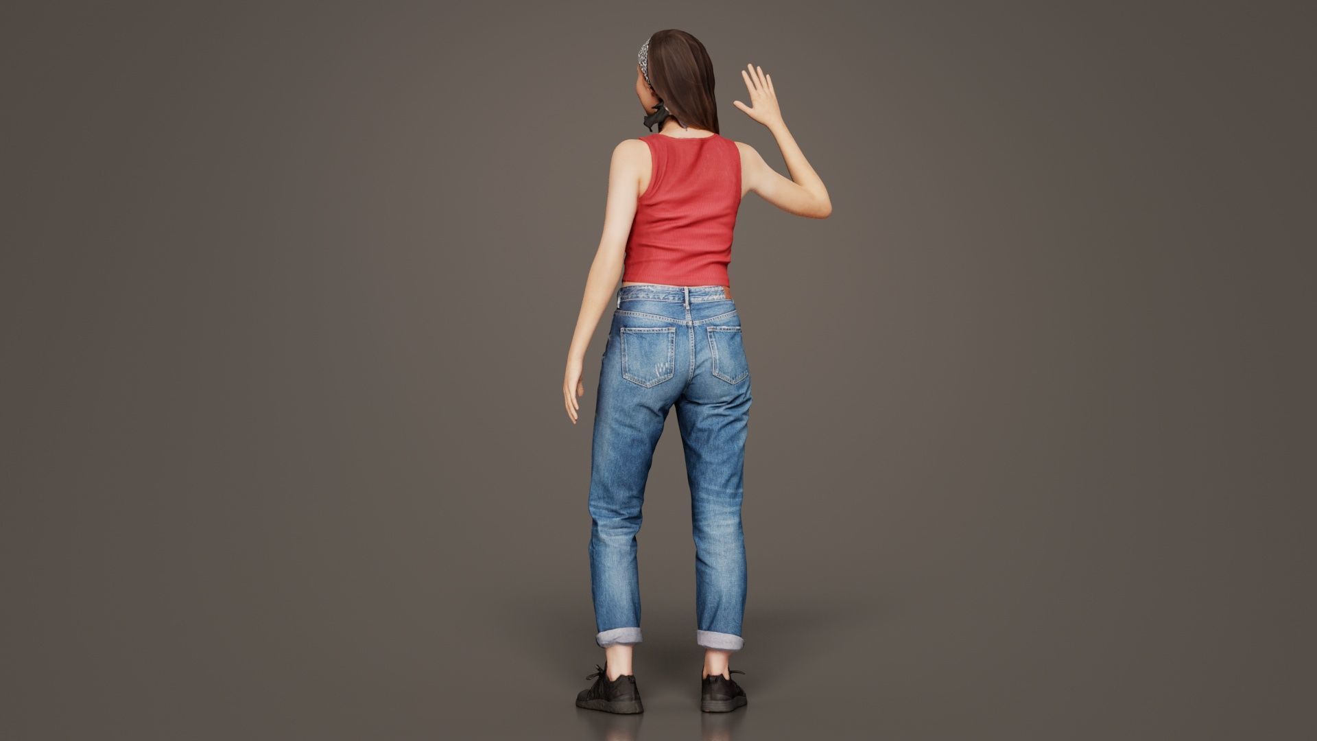 Woman in Baggy Jeans Red Top Waving Low-poly 3D model_2