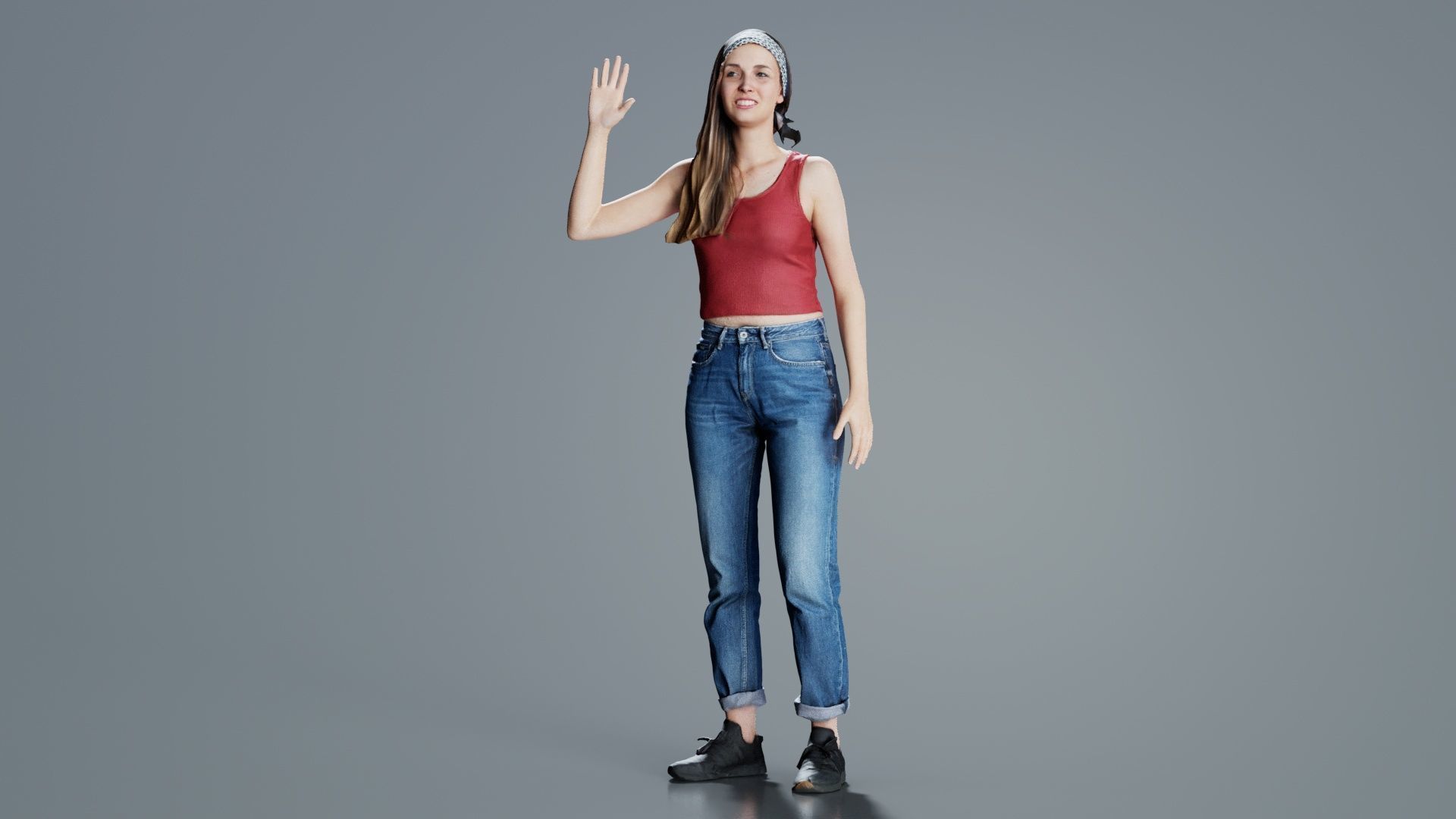 Woman in Baggy Jeans Red Top Waving Low-poly 3D model_4