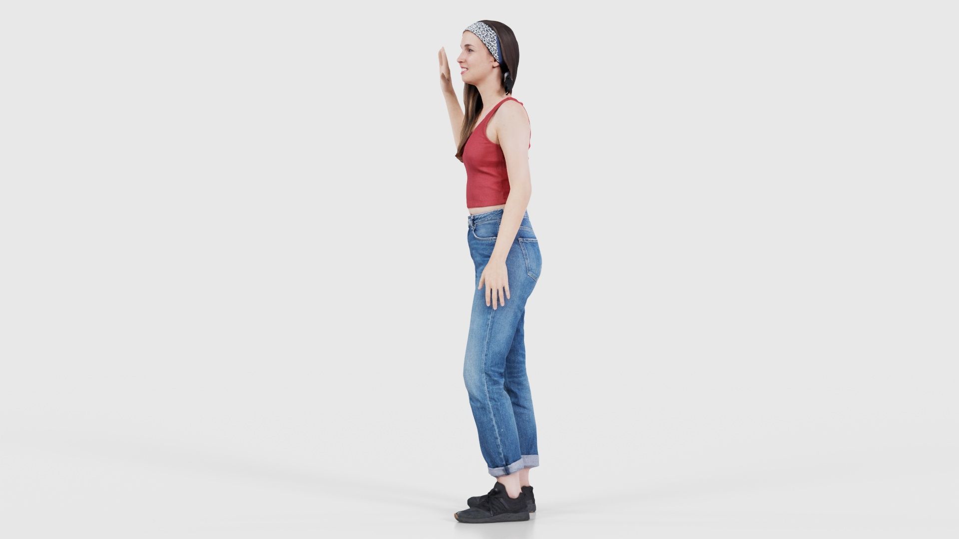 Woman in Baggy Jeans Red Top Waving Low-poly 3D model_25
