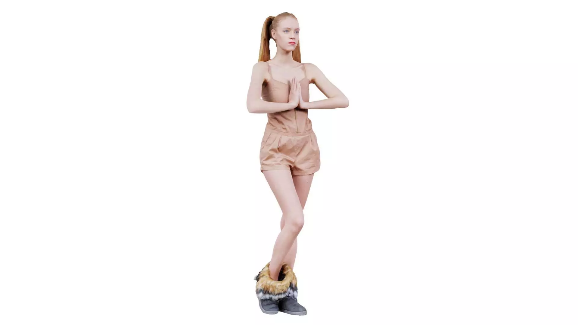 Woman in Beige Jumpsuit and Double Ponytails Folding Hands Low-poly 3D model