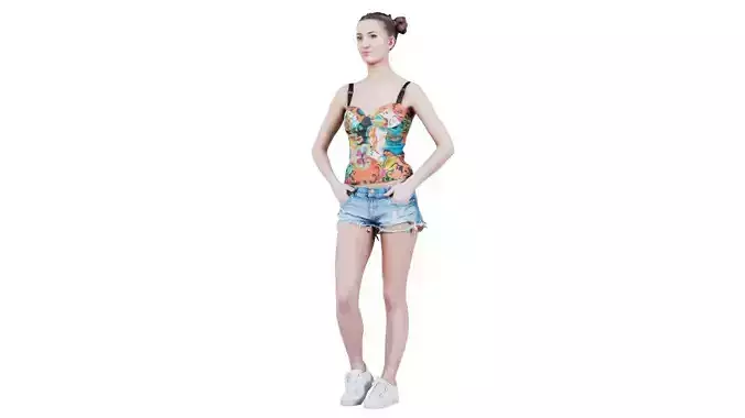 Woman in Flower Top Sneakers and Jeans Posing 2