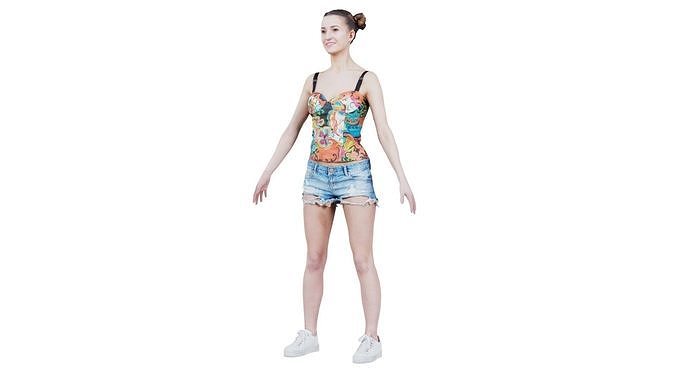 Woman in Flower Top Sneakers and Jeans Posing Standard Pose Low-poly 3D model