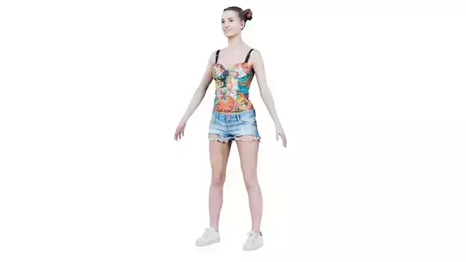 Woman in Flower Top Sneakers and Jeans Posing Standard Pose