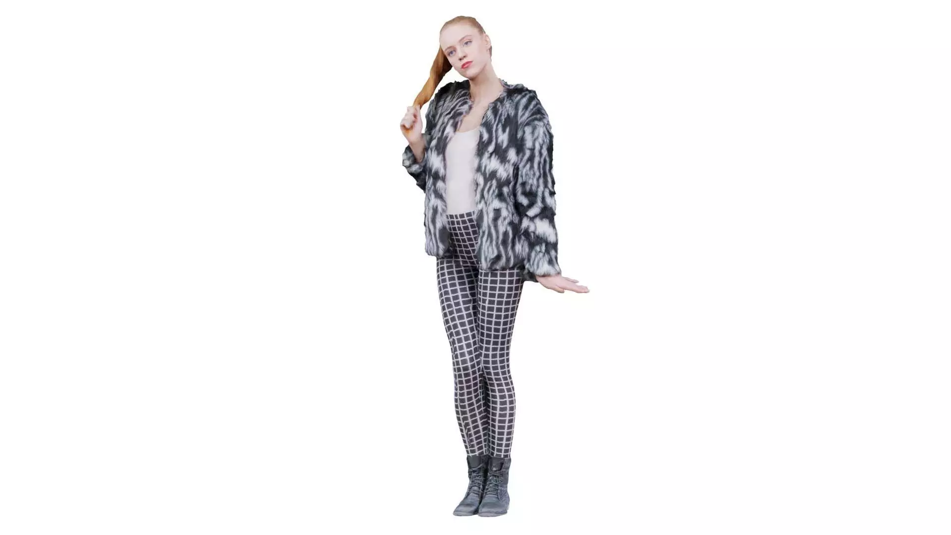Woman in Fluffy Black and White Jacket Leggins and Boots Posi... Low-poly 3D model