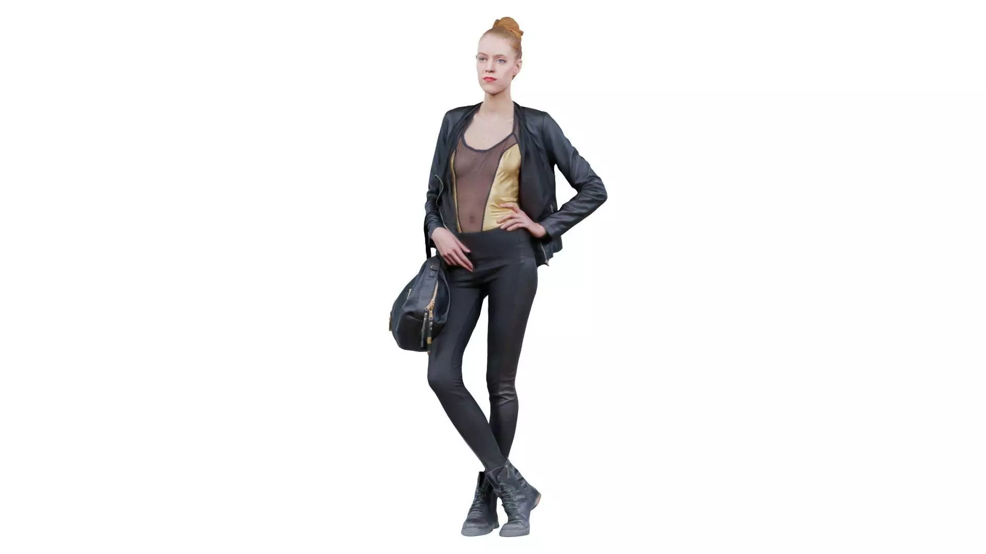 Woman in Golden Swimsuit Shiny Legging and Boots with Bag and... Low-poly 3D model