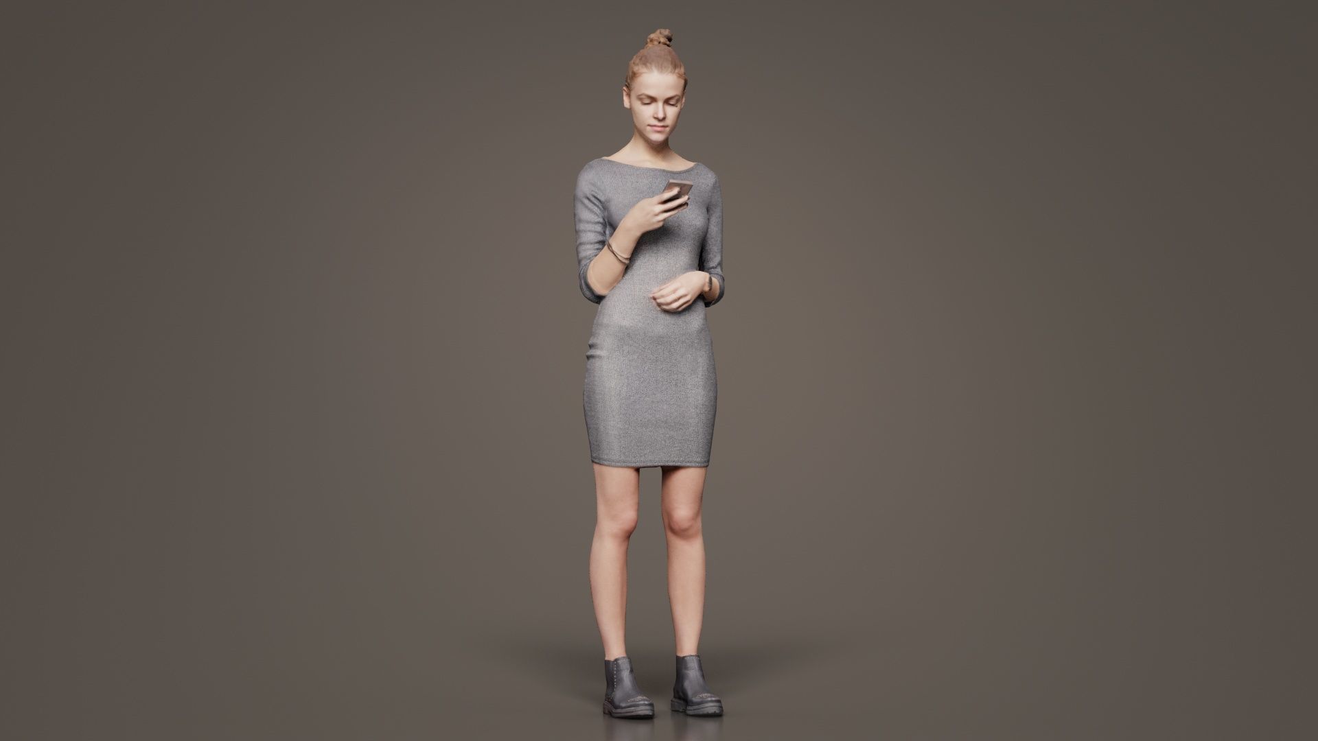 Woman in Grey Dress Texting Low-poly 3D model_2