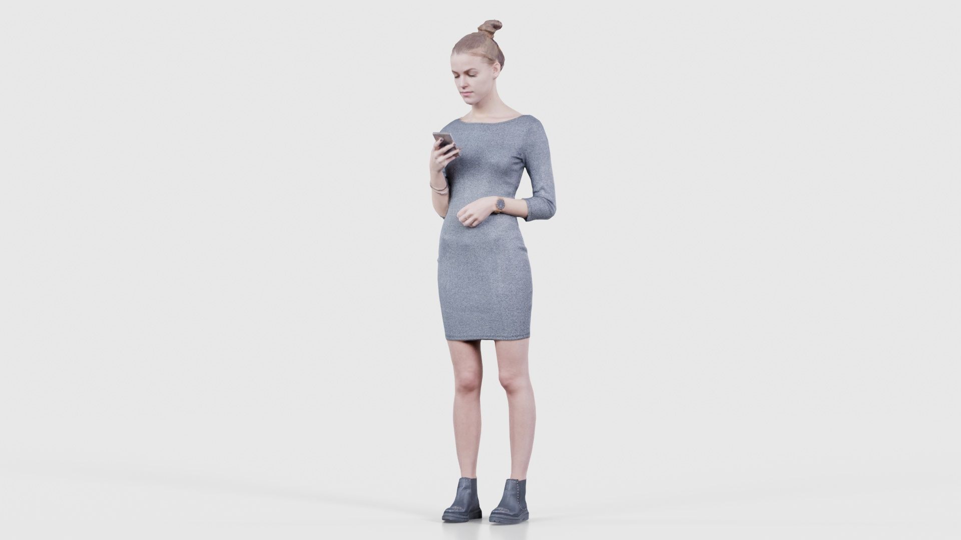 Woman in Grey Dress Texting Low-poly 3D model_15