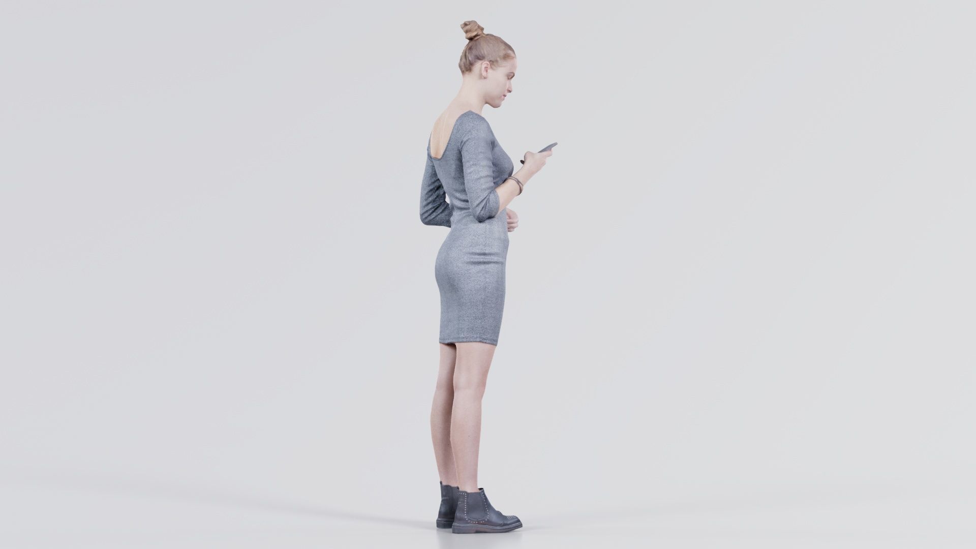 Woman in Grey Dress Texting Low-poly 3D model_8
