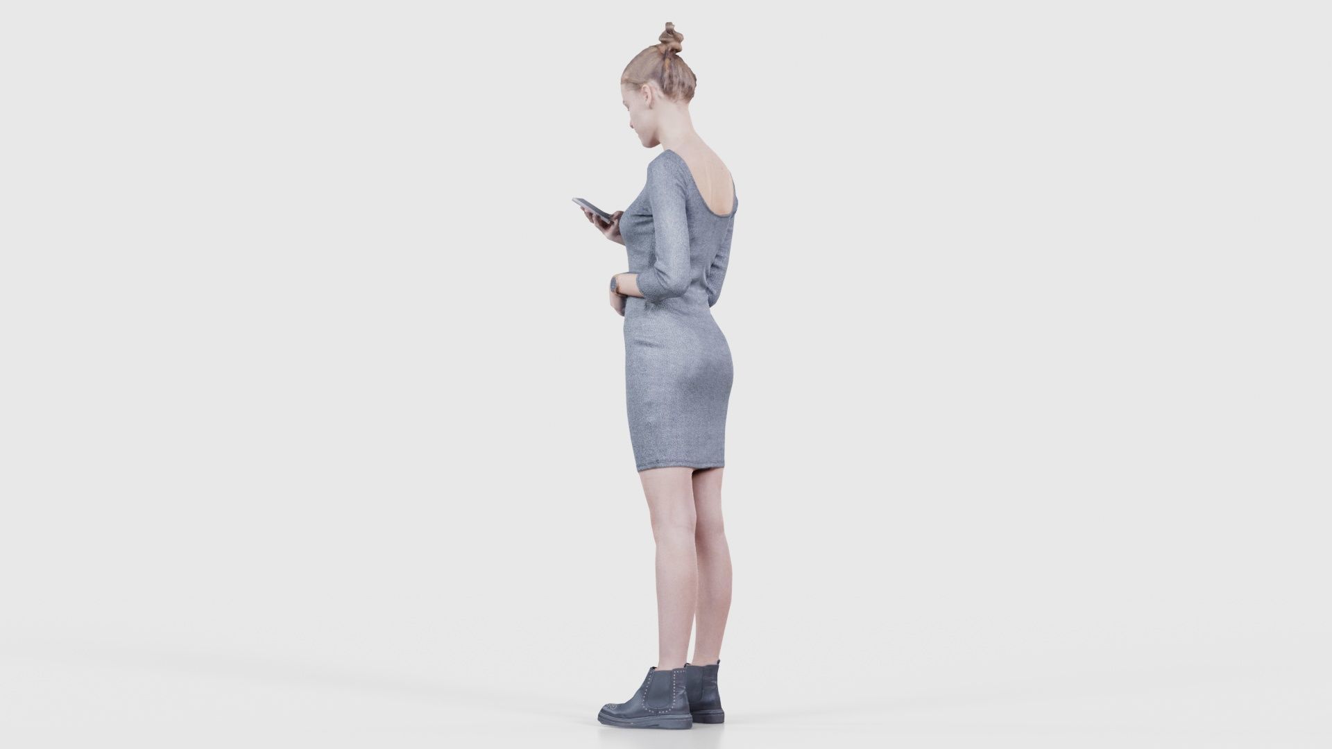Woman in Grey Dress Texting Low-poly 3D model_24
