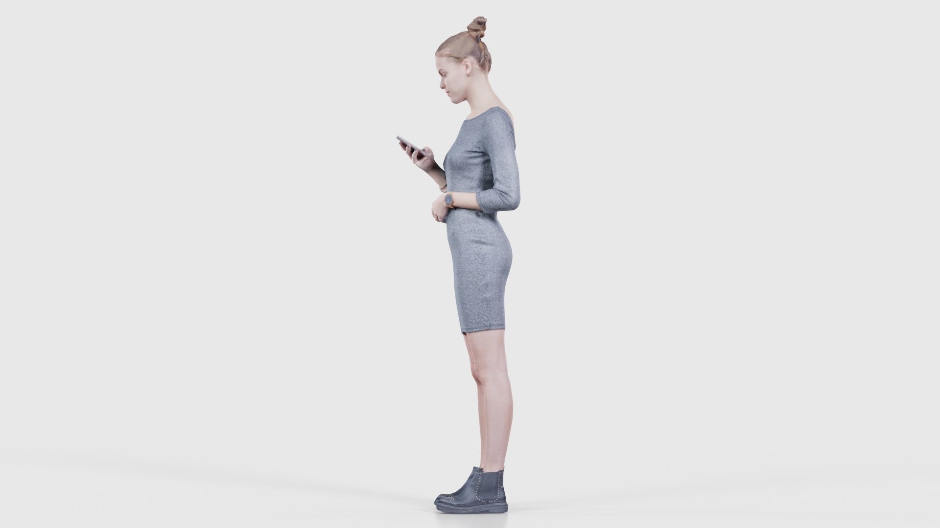 Woman in Grey Dress Texting Low-poly 3D model_25