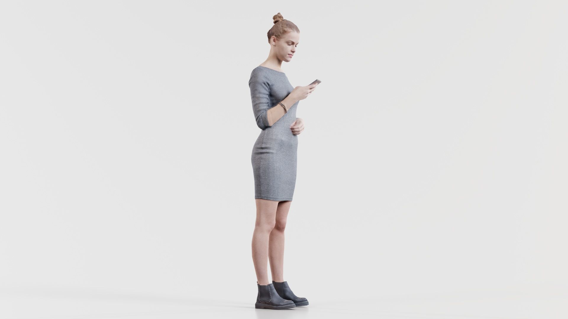 Woman in Grey Dress Texting Low-poly 3D model_6