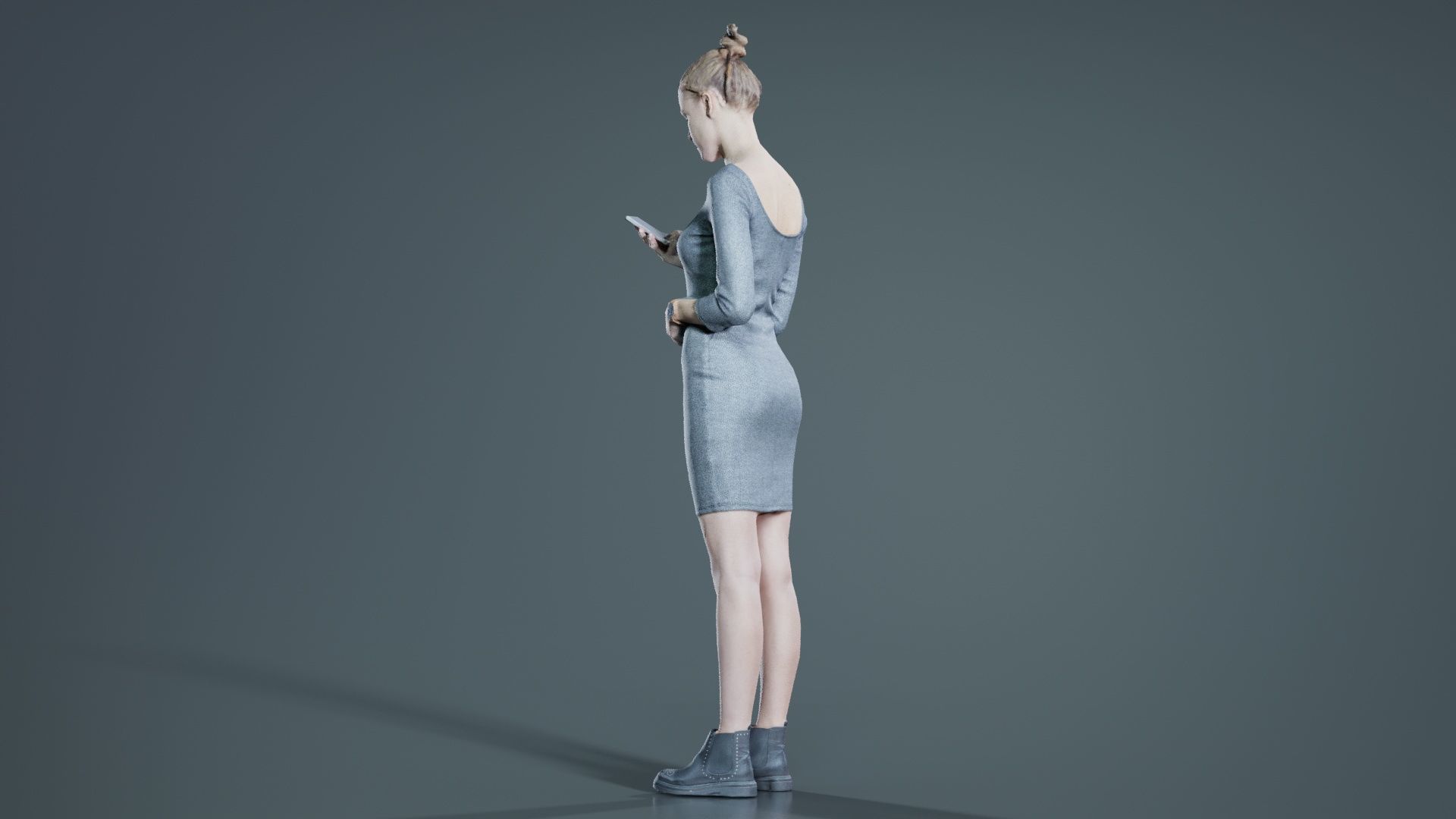 Woman in Grey Dress Texting Low-poly 3D model_7