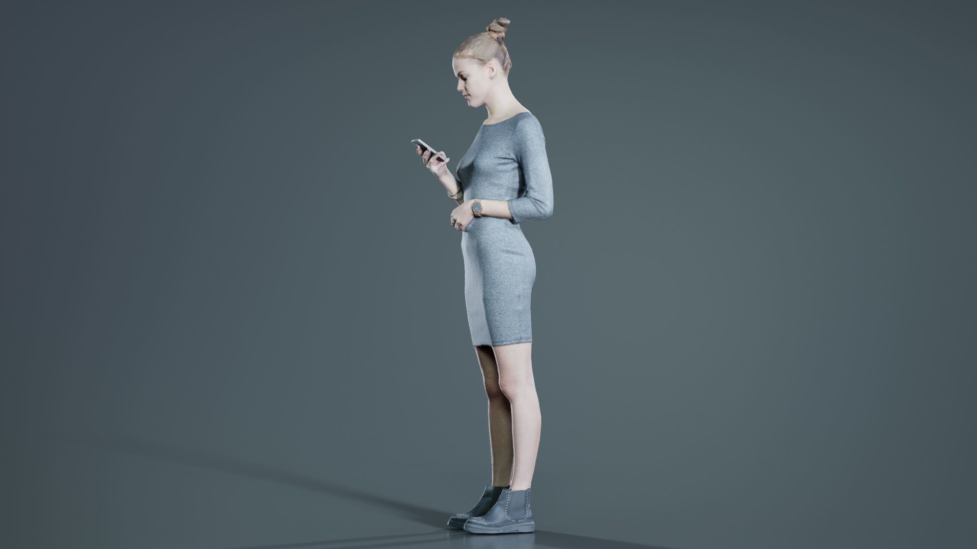 Woman in Grey Dress Texting Low-poly 3D model_3