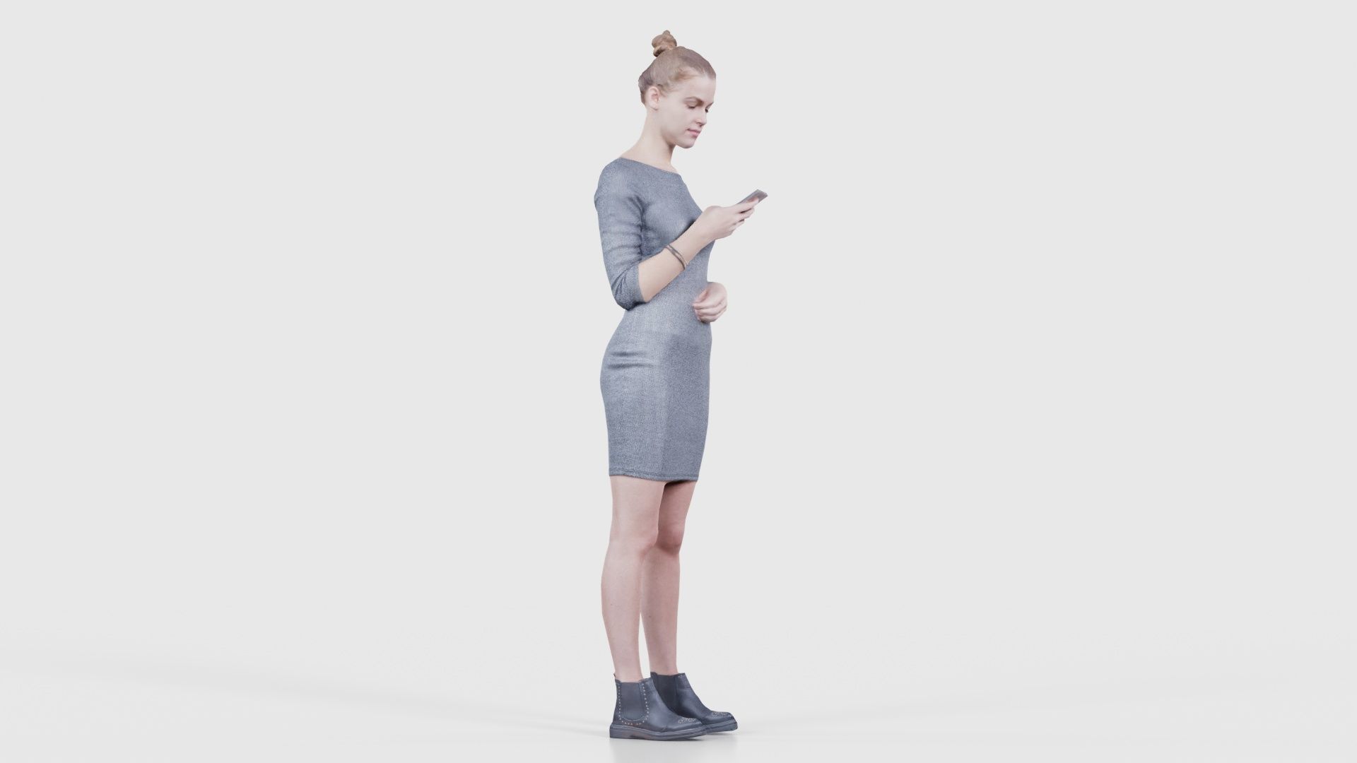 Woman in Grey Dress Texting Low-poly 3D model_18