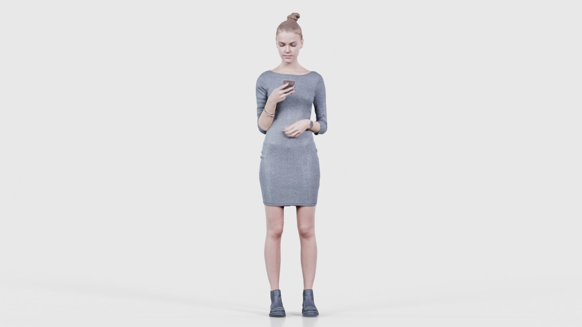 Woman in Grey Dress Texting Low-poly 3D model_16