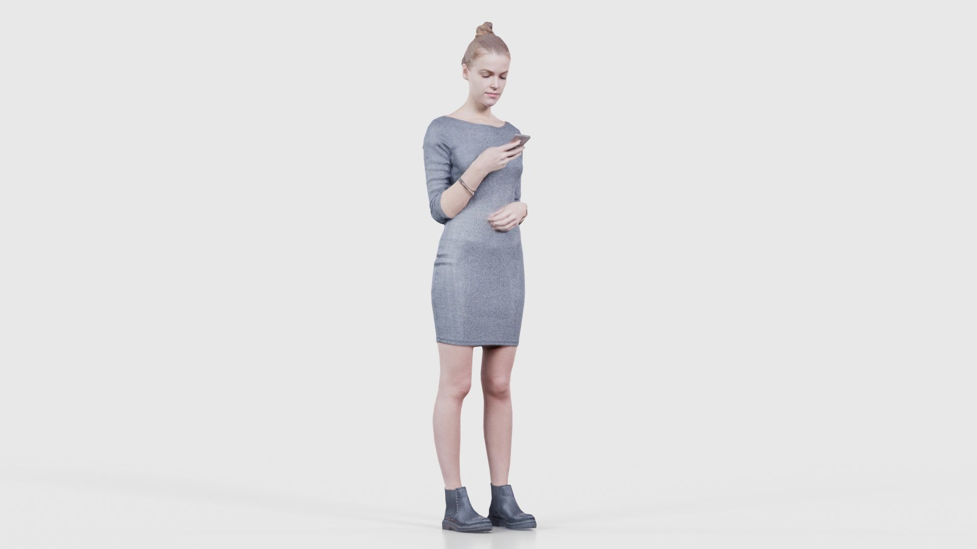 Woman in Grey Dress Texting Low-poly 3D model_17