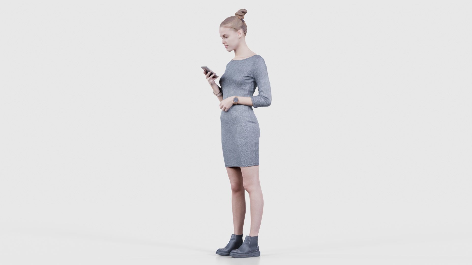 Woman in Grey Dress Texting Low-poly 3D model_26