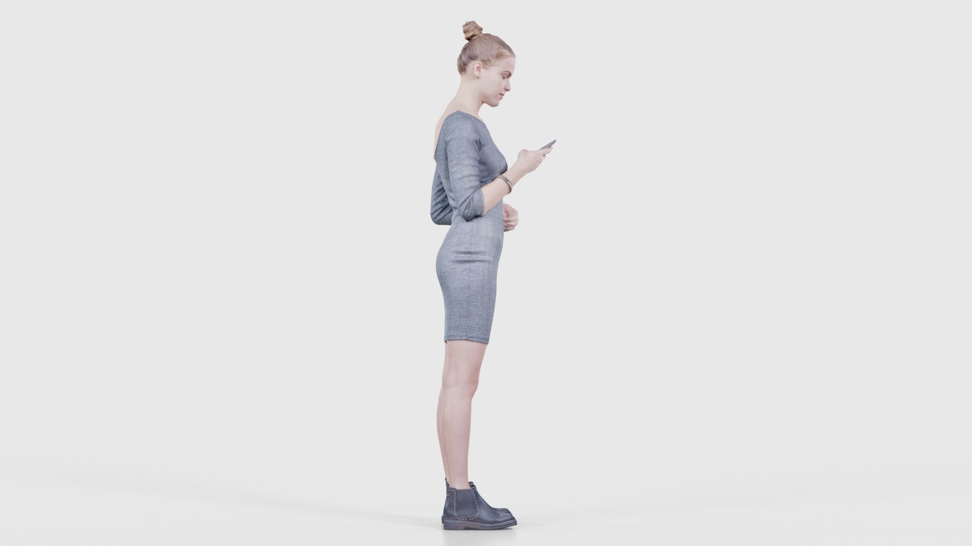 Woman in Grey Dress Texting Low-poly 3D model_19