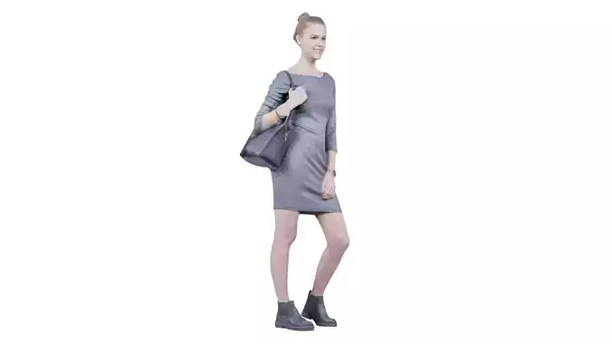 Woman in Grey Dress with Handbag on Shoulder Low-poly 3D model