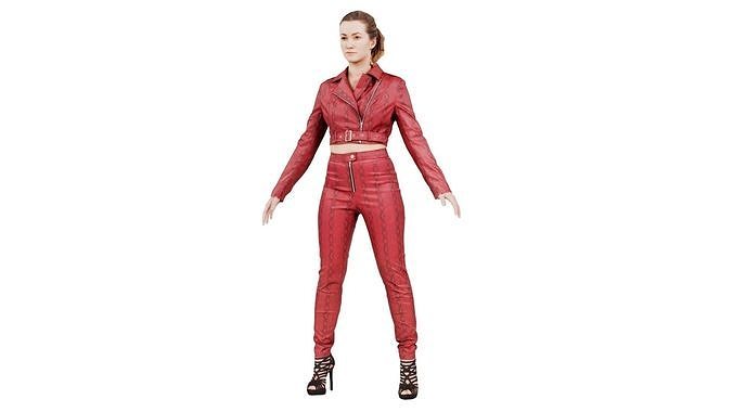 Woman in Heels and Red Leather Snake Print Costume Standard Pose Low-poly 3D model