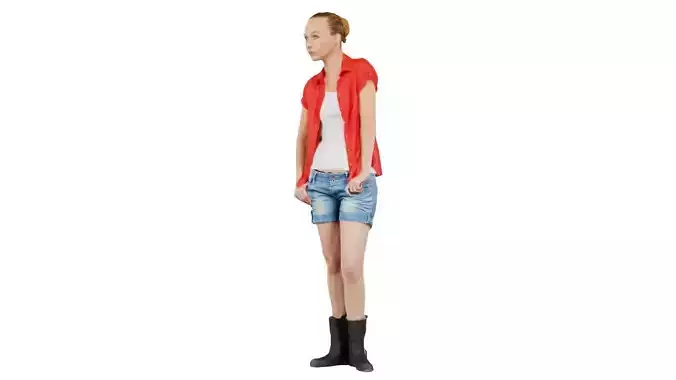 Woman in Jeans Shorts and Red Shirt
