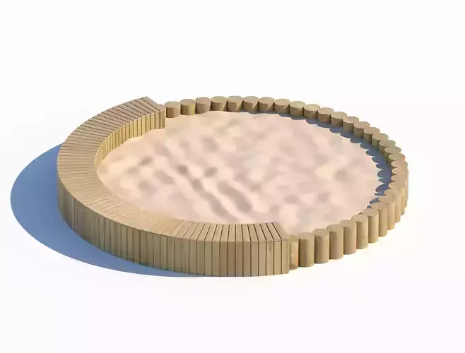 Circular wooden sandbox with integrated seating