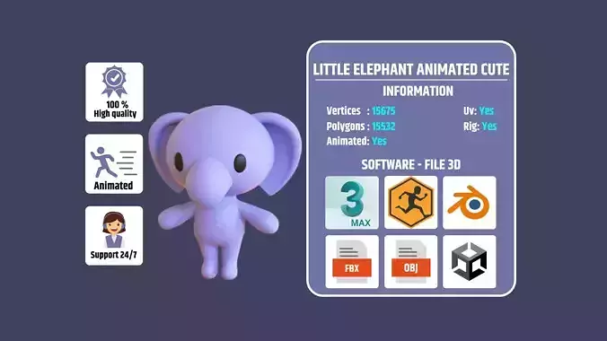 Little Elephant Animated Cute 3D Models For Games And Animations